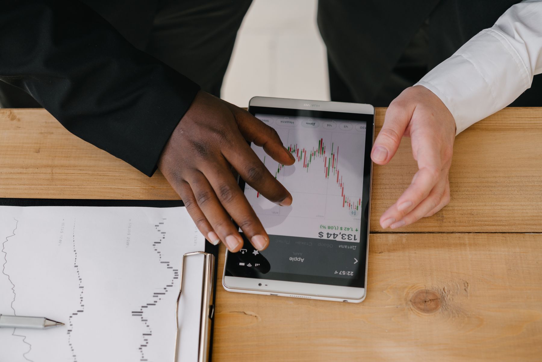 financial dataset review with charts, tablet and calculator