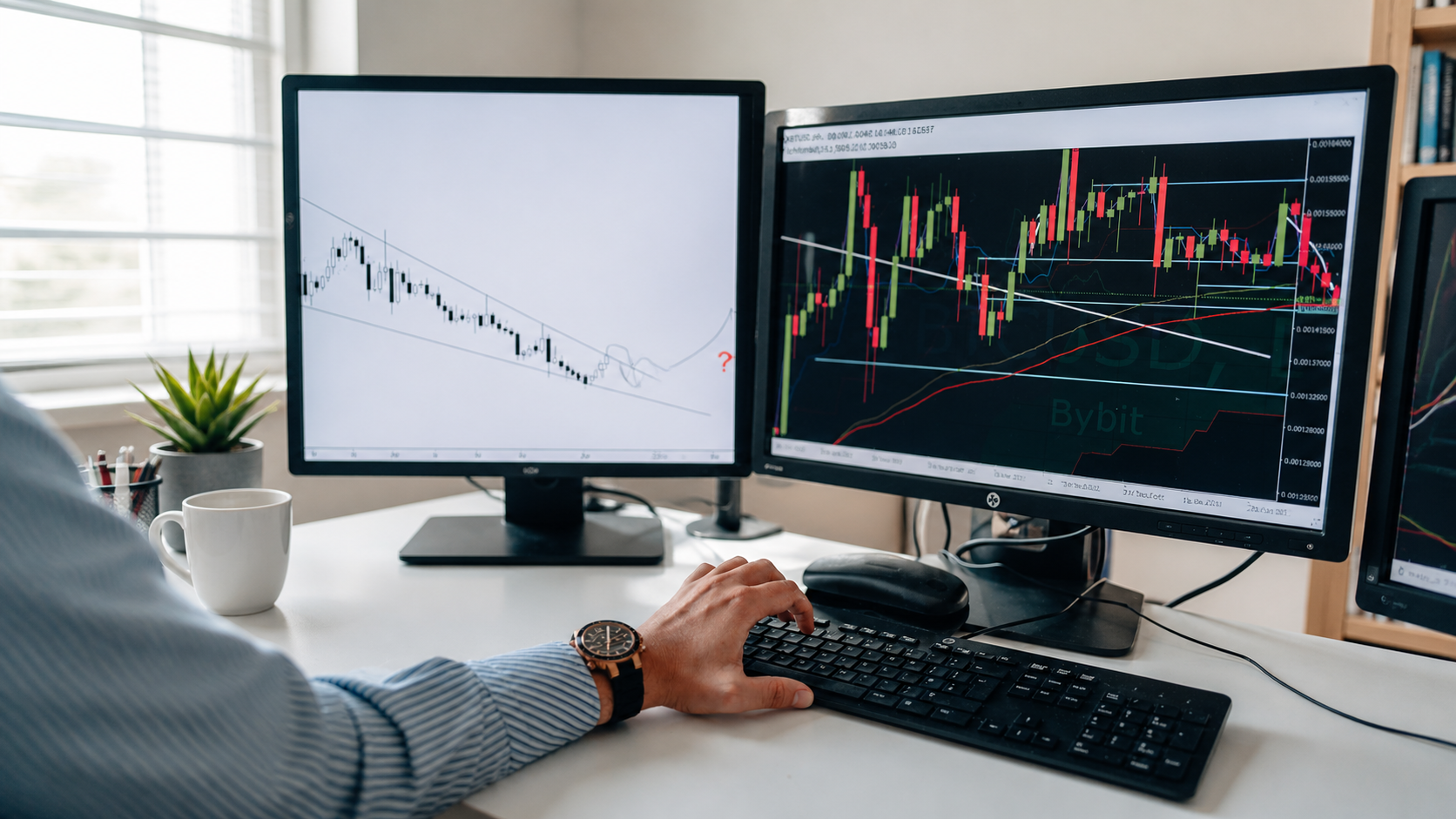 Analyst monitoring market charts across multiple screens